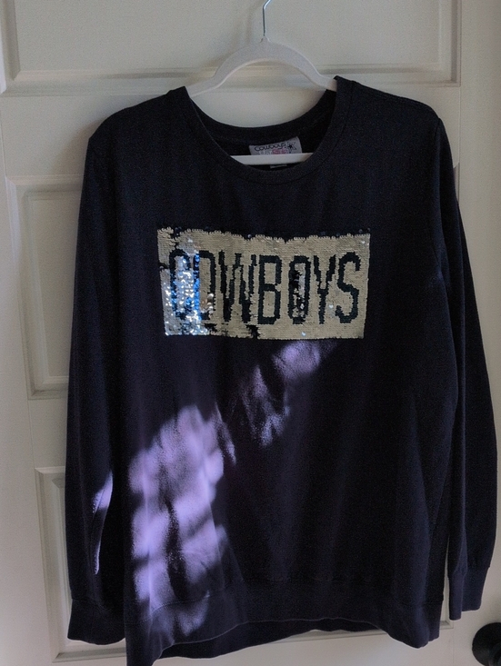 Cowboys Her Style Sweaters - Navy Blue "DALLAS" Sequin Graphic Crewneck Sweatshirt